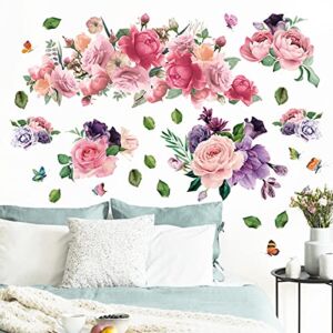 Peonies Roses Wall Stickers Floral Wall Decals for Bedroom, Watercolor Flowers Butterflies Wall Decor Posters Delicate Blossom Art Applique Vinyl Peony Floral Wallpaper for Living Room Girls Room