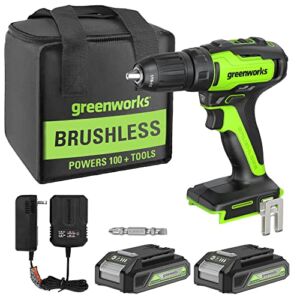 Greenworks 24V Brushless Cordless Drill Kit, 310 in./lbs, 18+1 Position Clutch, 1/2 ” Keyless Chuck, Variable Speed, (2)2Ah Batteries with 2A Fast Charger, LED Light with Tool Bag