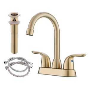 Bathroom Sink Faucet with Pop-up Drain Assembly, Brushed Gold Bathroom Faucet 2-Handle for 4 Inch Sink，Modern Centerset Bathroom Faucet with Supply Hose Lead-Free
