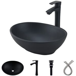 Black Oval Bathroom Sink with Faucet and Drain Combo-Bokaiya 16×13 Matte Black Vessel Sink Above Counter Oval Porcelain Ceramic Bathroom Vessel Sink Art Basin, Faucet Matching Pop Up Drain Combo