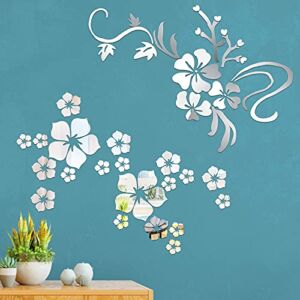 53 Pieces 3D Acrylic Mirror Floral Wall Sticker 3D Sakura Mirrors Wall Sticker Adhesive Removable Silver Mirrors Decal 3d Flower Art Wall Decor Decal For Living Room Bathroom Office Dorm Windows Doors