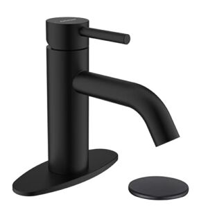 Anleijur Faucet Modern Single Hole Bathroom Faucet, Single-Handle Bathroom Sink Faucet with Drain Assembly, Deck Plate for 1-Hole and 3-Holes Installations, Stainless Steel Matte Black Finish