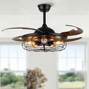 CROSSIO 48″ Industrial Ceiling Fan Lights with Remote Black Retractable Brown Blade Ceiling Fan 5 Light Flush-Mounted Chandelier Fan for Dining Room Living Room Bedroom Restaurant