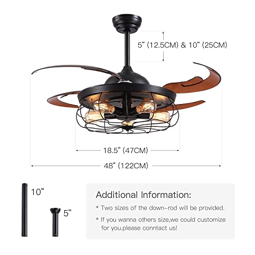 CROSSIO 48″ Industrial Ceiling Fan Lights with Remote Black Retractable Brown Blade Ceiling Fan 5 Light Flush-Mounted Chandelier Fan for Dining Room Living Room Bedroom Restaurant | The Storepaperoomates Retail Market - Fast Affordable Shopping