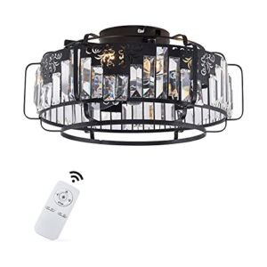 TFCFL 18” Retro Industrial Style Ceiling Fan with Light, Black Metal Cage Fan Chandelier with Remote Control,Smart Timing Set Fan Lighting Fixtures for Living Room Bedroom (Crystal Strip Cage)