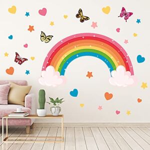 Large Size Rainbow Wall Decals Removable Star Butterfly Heart Wall Sticker Watercolor Vinyl Rainbow Sticker Peel and Stick Girls Room Wall Decorations for Kids Girl Teen Baby Nursery Bedroom Decor