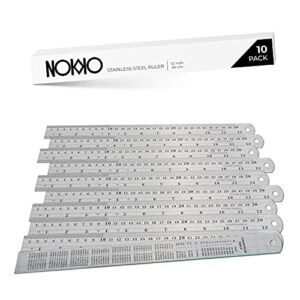 NOKKO Metal Ruler 10-Pack – Measuring Set of 12-Inch/30cm Stainless Steel Rulers – Imperial & Metric Measurements & Conversion Table – Etched Markers Start at The Very Edge of The Straight Edge Ruler