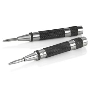 Heavy Duty Automatic Center Punch with Hardened Steel – Pack of 2 Premium Universal Metal Hand Tool for Machinists and Carpenters Spring Loaded with Adjustable Knurled Cap and Hard-Shell Carry Case