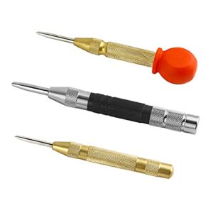 SEEKQUA 3PCS Super Strong Automatic Center Punch Set – includes two 5-inch brass and a 6-inch black steel spring loaded center hole punch, tension adjustable, metal or wood hand tools