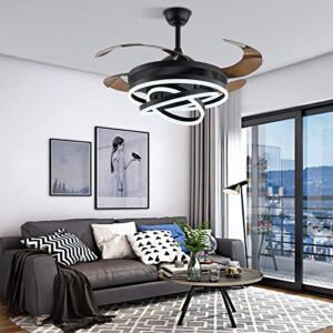 42 Inch Retractable Ceiling Fans with Lights and Remote, Geometric Rings Circled Hanging Light Chandelier, 3-Color LED Lamp, Invisible Blades Modern Smart Fan for Bedroom Living Room Art Decor (Black)