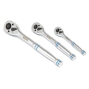 NEIKO 03000A 3 Piece Quick Release Ratchets, Ratchet Wrench Set, 1/4” 3/8” & 1/2″ Drive Ratchet Wrench, 3.6 Degree Swing, 100 Tooth Socket Wrench, CR-MO Gear W/ Polished CR-V Handle, Small Ratchet Set