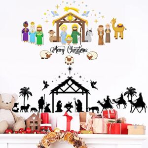 Christmas Decorations Religious Wall Decal Stickers Large for Adult Kids, Nativity Scene Wall Decals Stickers Removable Modern Decor for Xmas Holiday Baby Room Living Room Bedroom, 2 Sheets