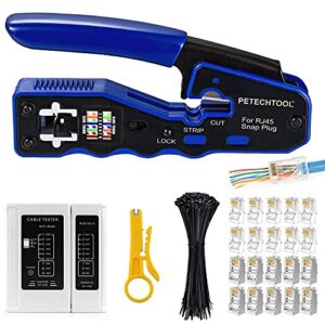 RJ45 Crimp Tool All-in-one Ethernet Crimping Tool Stripper Cutter for Pass Through Cat5 Cat6 Connectors with Cable Tester and Cat6 UTP and Shield Connectors and Black Cable Tie