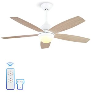 TAOBITAN Remote Control 52 inch White Ceiling Fan with Lights and Remote, Modern Ceiling Fans with Three Color Light and Six Speeds, Bedroom Ceiling Fan