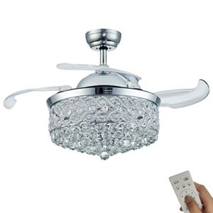 DuMaiWay 48″ Chandelier Ceiling Fan, Modern Crystal Fandelier Retractable Invisible Blade LED Lighting with Remote Control for Bedroom Dining Room Living Room 3 Light Change Silver