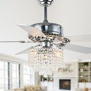 52 inch Crystal Ceiling Fan with Lights, Modern Chrome Chandelier Ceiling Fan with Remote Control Reversible Blades for Living Room, Silver Color