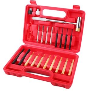 SEDY 22-Pieces Roll Pin Punch Set, Roll Pin Starter Punch, Brass, Steel, Plastic Punches, 4 Heads Hammer & 1 Plastic Tweezers. Red Storage Carring Case provided