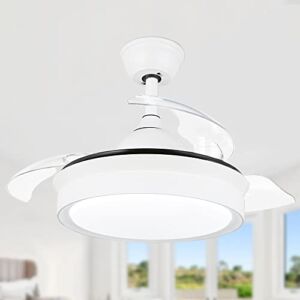 Retractable Ceiling Fan, Silent Ceiling Fan with Lights and Remote, Modern LED Ceiling Fan for Bedroom living room（White）