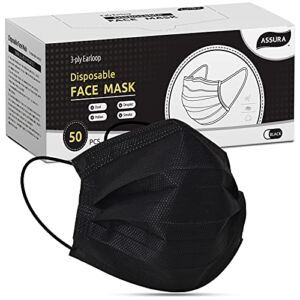 ASSURA 3-ply Disposable Earloop Face Masks, Latex-Free, Black, Adult Size, 1 Box of 50 pcs