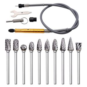 10pcs Carbide Burr Set + 1/8″ Flex Shaft adapter Attachment, 1/8″ Shank Double Cut Tungsten Carbide Rotary Files Burrs, Flexible Drill Extension Cable Chuck and Compatible Rotary Grinder Tool