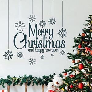 Merry Christmas and Happy New Year Wall Decal Snowflake Quotes Stickers Decorations, 26″ × 24″, Easy to Peel and Stick Wall Saying Letters Vinyl Decor Art Decals for Livingroom Bedroom Office Window Door Decorations