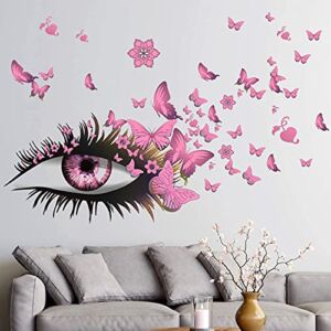 Creative Beautiful Girl Eyes Wall Sticker, Pink Flying Butterfly Wall Decals, Girl Long Eyelashes Heart Décor, DIY Art Vinyl Mural for Couple Lovers Girls Bedroom Living Room Decoration