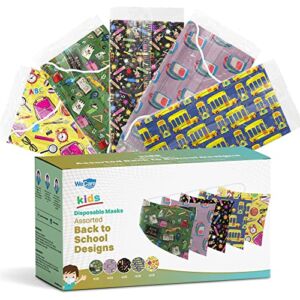 WeCare Disposable Face Masks For Kids, 50 Back to School Cute Print Face Masks, Individually Wrapped