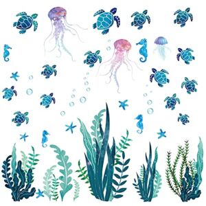 2 Sets Under The Sea Wall Decals Sea Turtle Ocean Grass Wall Stickers Seaweed Jellyfish Bubbles Peel and Stick Wall Decal Underwater Wall Decoration for Kids Bedroom Bathroom Toilet Nursery Kitchen