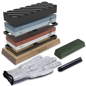 ZELRAY Knife Sharpening Stone Set – Dual Grit 400/1000 & 3000/8000 – Whetstone Knife Sharpener with Flattening Stone, Angle Guide & Anti Cut Gloves