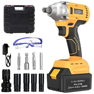 Power Cordless Impact Wrench: Brushless 21V MAX Cordless Impact Wrench 4.0Ah Li-ion Battery 1/2 Inch 260 Ft-lbs(300N.m) Max 2 Variable Speed Wrench 1 hour Fast Charger Sockets set Tool Box