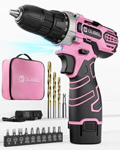 Pink Drill, OUBEL 12V Pink Cordless Drill Set, Pink Drill Set for Women, Power Drill, 2.0AH Battery, 18+1 Torque Setting, 3/8″ Keyless Chuck, 2 Variable Speed, 15Pcs Driver/Drill Bits and Storage Bag