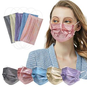 3 Ply 50 Pcs Sparkly Disposable Face Masks with Fashion Design Glitter Printed Face Masks for Women