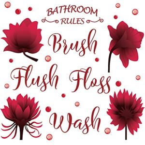 Set of Bathroom Wall Decals Stickers Wash Brush Flush Floss Bathroom Rules Wall Decor Sticker Waterproof Flower Sign Sticker for Bathroom Kitchen Home DIY Decorations