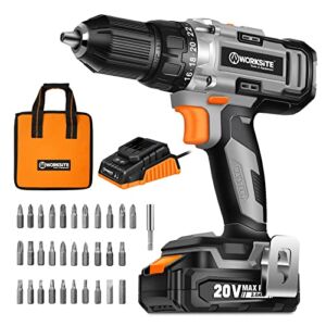 WORKSITE Cordless Drill/Driver Set with 1/2″ Metal Chuck, Power Drill Kit with 442 In-lb Torque, 2-Speed Transmission, 2.0A Battery, Fast Charger and 40pcs Accessories
