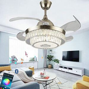 Saffbei 42 Inch Smart Fandeliers Ceiling Fan with Bluetooth, Dimmable 7 Color Changes Retractable LED Crystal Chandelier with Fan Remote Control Ceiling Lighting Fixtures for Bedroom/Living Room
