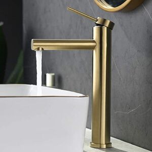 Friho Brushed Gold Tall Bathroom Vessel Sink Faucet, Contemporary Single Handle Lavatory Vessel Basin Mixer Tap Brass Gold Bathroom Vanity Vessel Sink Faucets