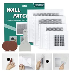 Drywall Repair Kit – 2/4/6/8 Inch Aluminum Wall Repair Patch Self Adhesive Screen for Drywall Plasterboard Ceilings, with Wall Surface Repair Free Scraper and Sandpapers (10 PCS)