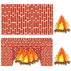 4 Pieces Red Brick Wall Party Backdrop Plastic Red Brick Wall Tablecloth Decorations Artificial Fire Flame Cardboard 3D Campfire Fake Centerpiece for Christmas Halloween Party Background Decorations