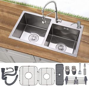 Double Bowl Kitchen Bar Sink, 32.3×17.7In Stainlee Steel Drop In Topmount Kitchen Sink with Gift-Soap Dispenser, Faucet Mat, Drain Strainer Set for Modern Kitchen Sink