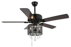 52-in Crystal Light Fixtures Ceiling Fan with Iron Cage Design, Crystal Chandelier Ceiling Fan, Reversible Blades and Quiet Motor, Remote Control with 3-Speed (Black)