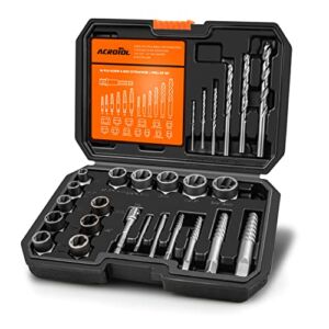 ACROTOL 26 Pieces Bolt Extractor Set, Spiral Screw Extractor Set and Drill Bits, Extraction Socket Set for Removing Damaged, Rusted, Rounded Bolts, Nuts and Screws