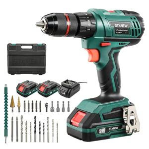 STANEW 20V Lithium-ion Cordless Hammer Drill, Power Drill Driver Set with 24Pcs Drill Bits, 2 Variable Speed, Full Metal 1/2″ Keyless Chuck Drill, 2 Battery, Charger and Storage Bag Included