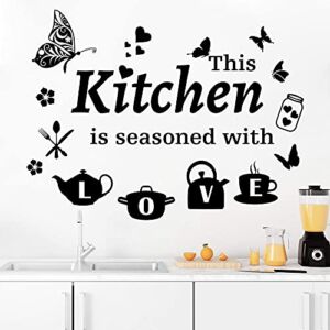 Large Kitchen Wall Decals Quotes Kitchen Wall Stickers This Kitchen is Seasoned with Love Peel and Stick Word Sayings with Kitchenware Butterfly Love Heart Decals for DIY Home Farmhouse Wall Art Decor