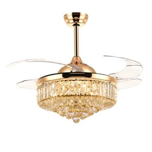 52″ Reverse Crystal Ceiling Fans with Light LED Dimmable Fandelier, Siljoy Modern Invisible Retractable Ceiling Fan Chandelier for Bedroom Living Dining Room, Gold