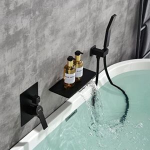 SHAMANDA Waterfall Bathtub Faucet with Sprayer, Wall Mount Tub Filler with Hand Shower, Single Handle Tub Faucet with Handheld Shower Head(Rough-In Valve Body and Trim Included), Matte Black, L902-7