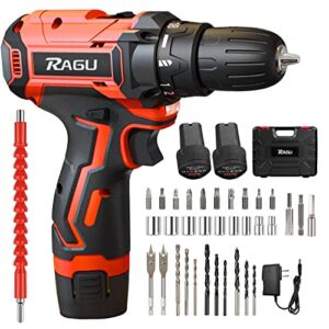 Cordless Drill 12v, 34pcs Drill Driver Set with 2 Batteries, Drill Set with 2 Variable Speed 3/8” Keyless Chuck for Drilling Wood, Ceramics