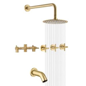 SUMERAIN 3 Handle Tub Shower Faucet Set with Waterfall Tub Spout and 3-Cross Handles, Wall Mounted Rainfall Bathtub Shower Faucet Brushed Gold