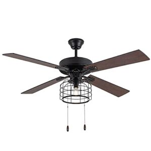 River of Goods Industrial LED Ceiling Fan – 52″ L x 52″ W – Caged Ceiling Fan with Lights – Rich Barnwood / Black Fan Blades