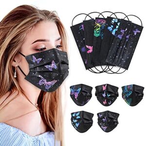 100 Pcs Disposable Face Masks – 3-layer Breathable Safety Masks, Comfortable Protective Mouth Cover with Nose Clip (Black Butterfly)