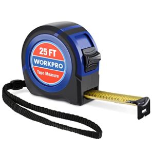 WORKPRO Tape Measure 25 FT, Tape Measure with Fractions Every 1/8″and 1/32″ Accuracy, Quick Read, Nylon Coated, Shock-Resistant Case and Belt Clip